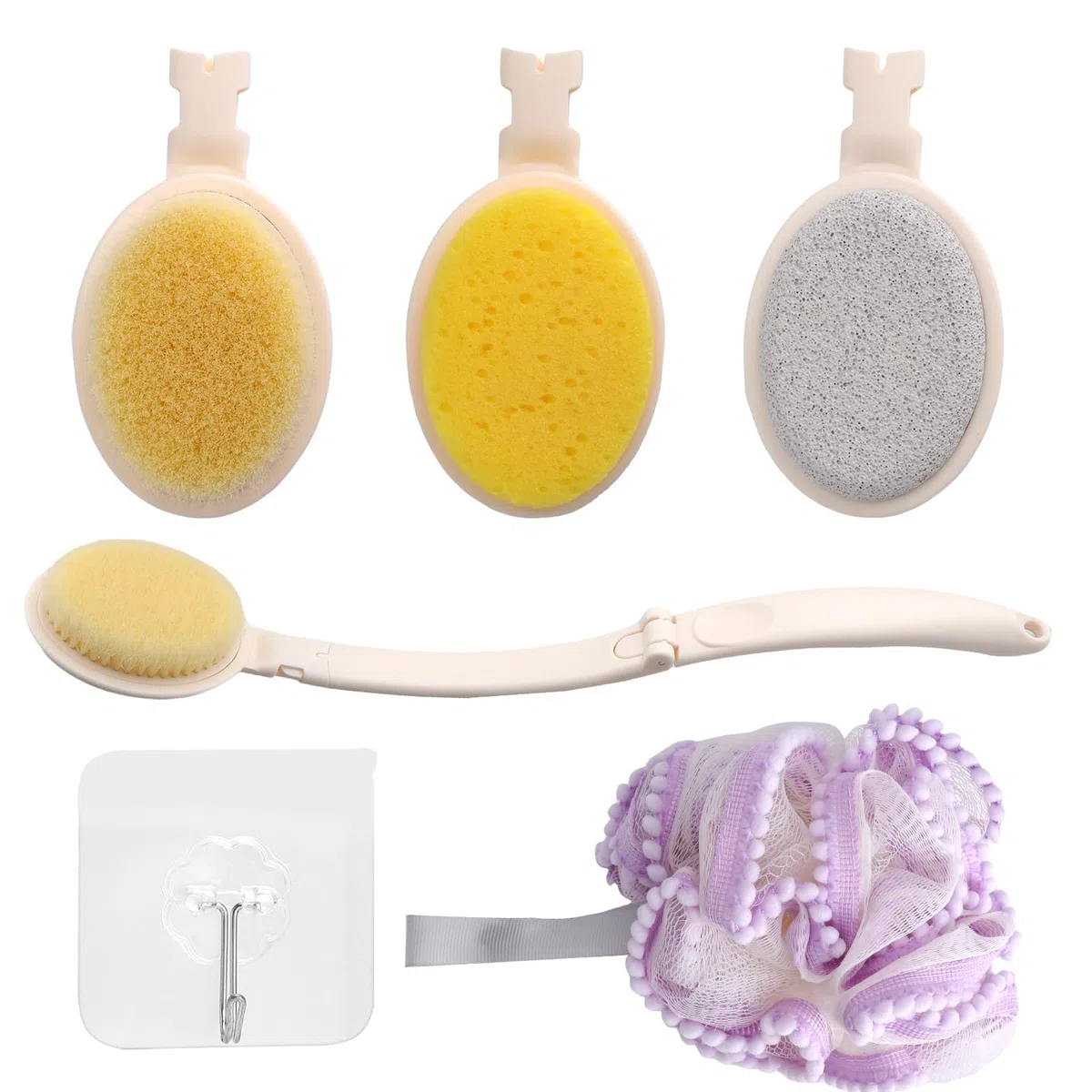 VOSSOT 3-in-1 Rückenbürste mit Langem Stiel, mit Duschschwamm 1 Wandhaken,Rückeneincremhilfe Faltbare Badebürste Austauschbare Köpfe Eincremehilfe für Rücken Füße, Rückenschwamm Körperpflege Set