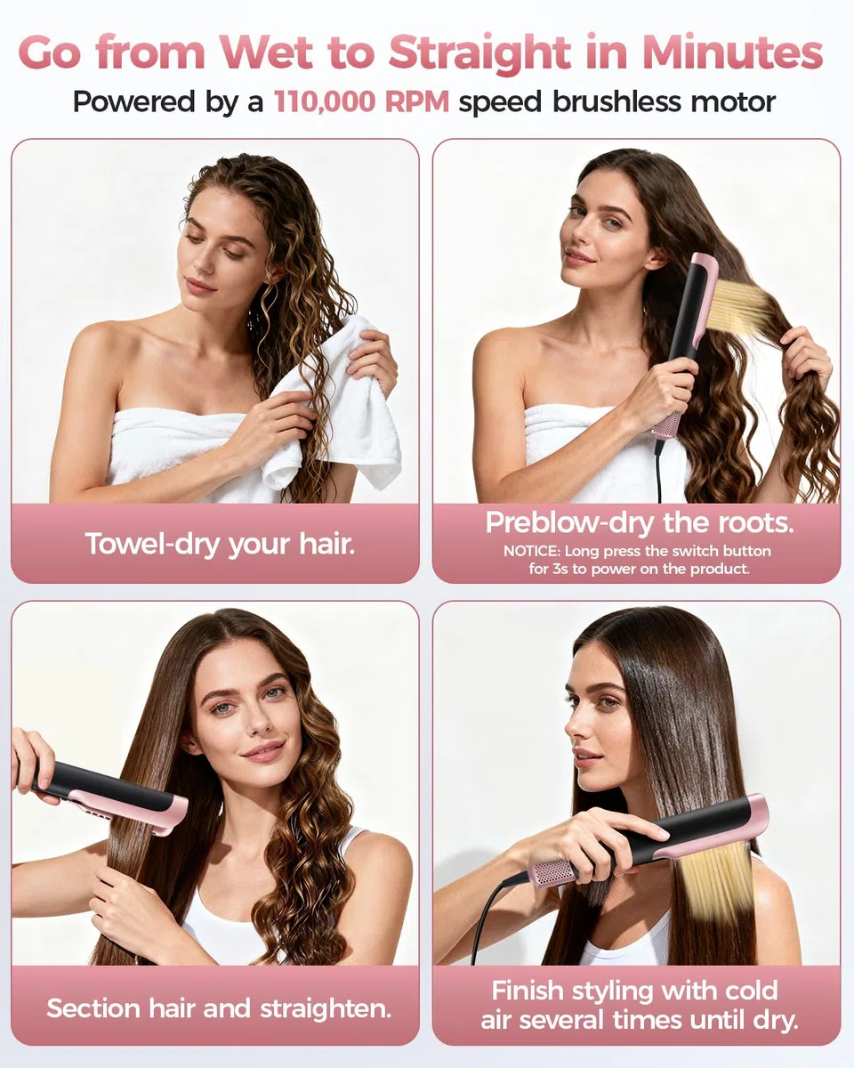 Air Haarglätter Föhn 2 In 1 - Nass-zu-Trocken Glätteisen, Keine Hitzeschäden, Keine Heißen Platten, 110.000 U/min Air Straight Hair Straightener, Haare Schnell Föhnen und Glätten, 1300W, Max 160 ℃