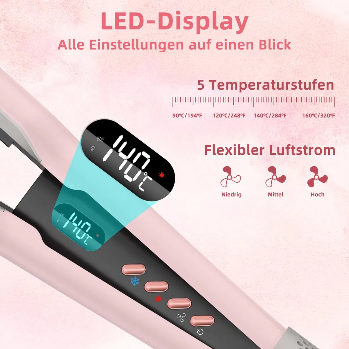 VIKICON Air Haarglätter, Professionelles Ionen Luft-Glätteisen ohne Heizplatten, Glätteisen Locken und Glätten für Mittellanges bis Langes Haar, Haarschonend, Weniger Haarbruch, mehr Glanz, Hellrosa