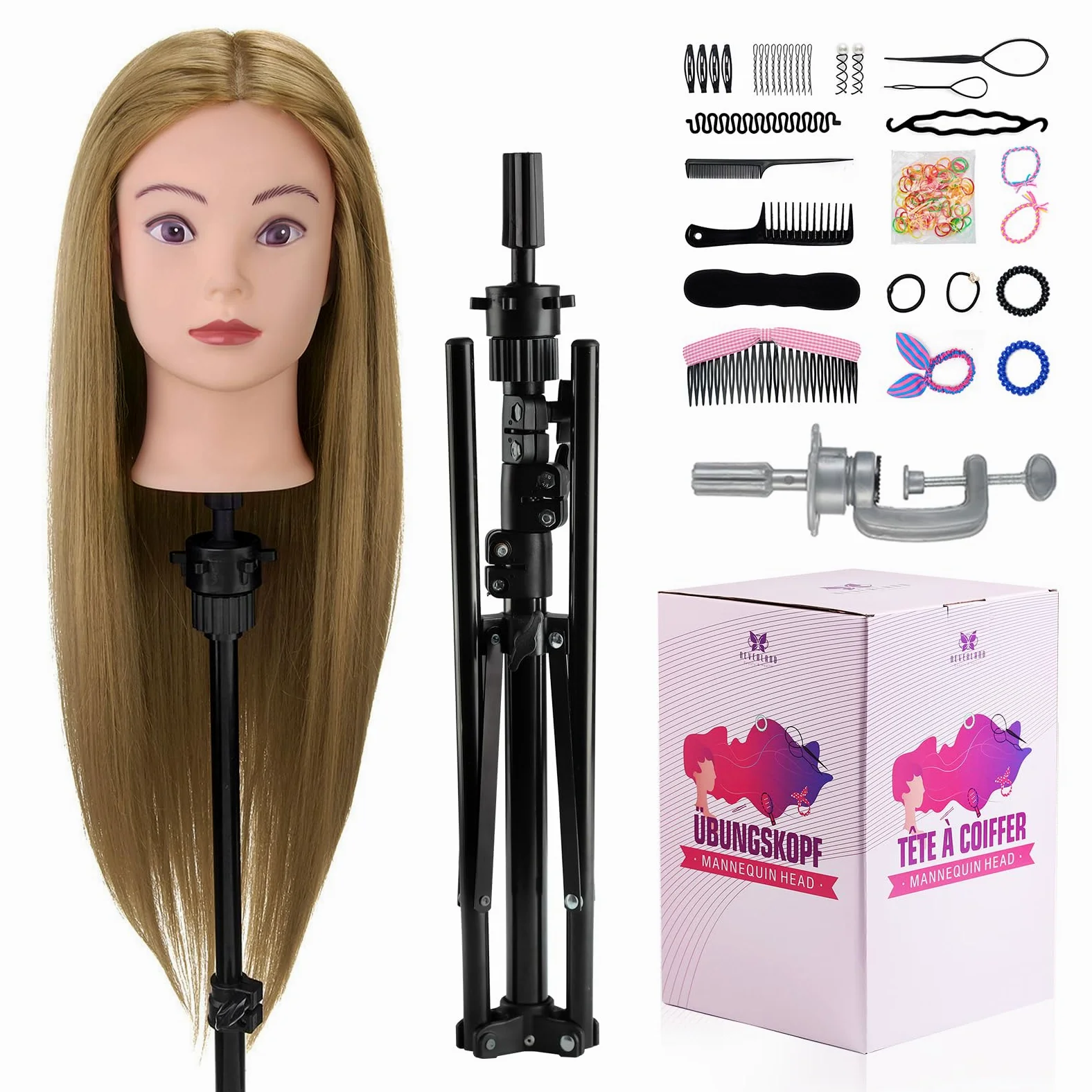 Neverland Beauty Frisierkopf mit Übungskopf ständer,71cm 60% Frisierkopf Echthaar,Puppenkopf zum Frisieren,Trainingsköpfe für Friseure Ausbildung Kopf Mit Halter + DIY Haare Set(Blond)