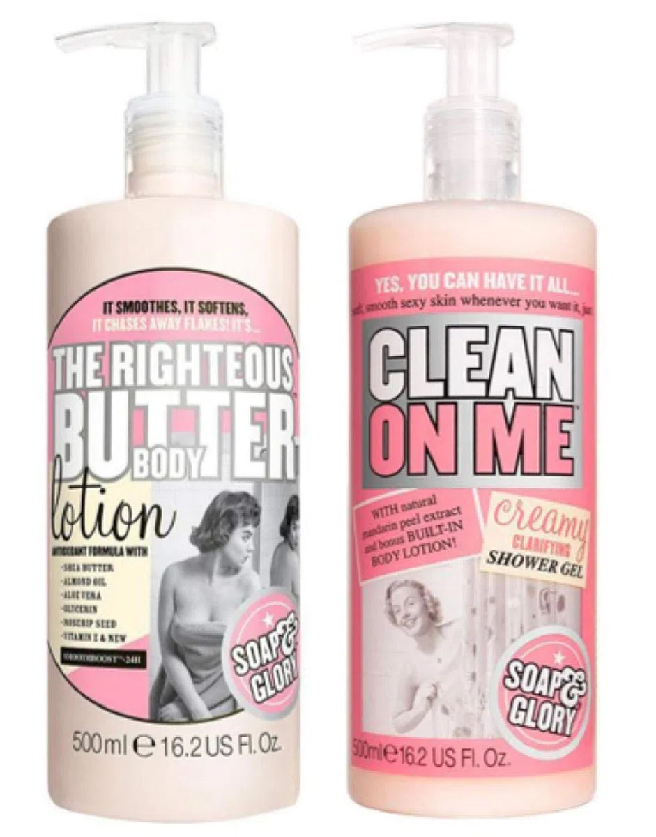 Soap and Glory Die Righteous Body Butter Lotion Clean on Me Cremiges Klärendes Duschgel 500 ml Handpumpe
