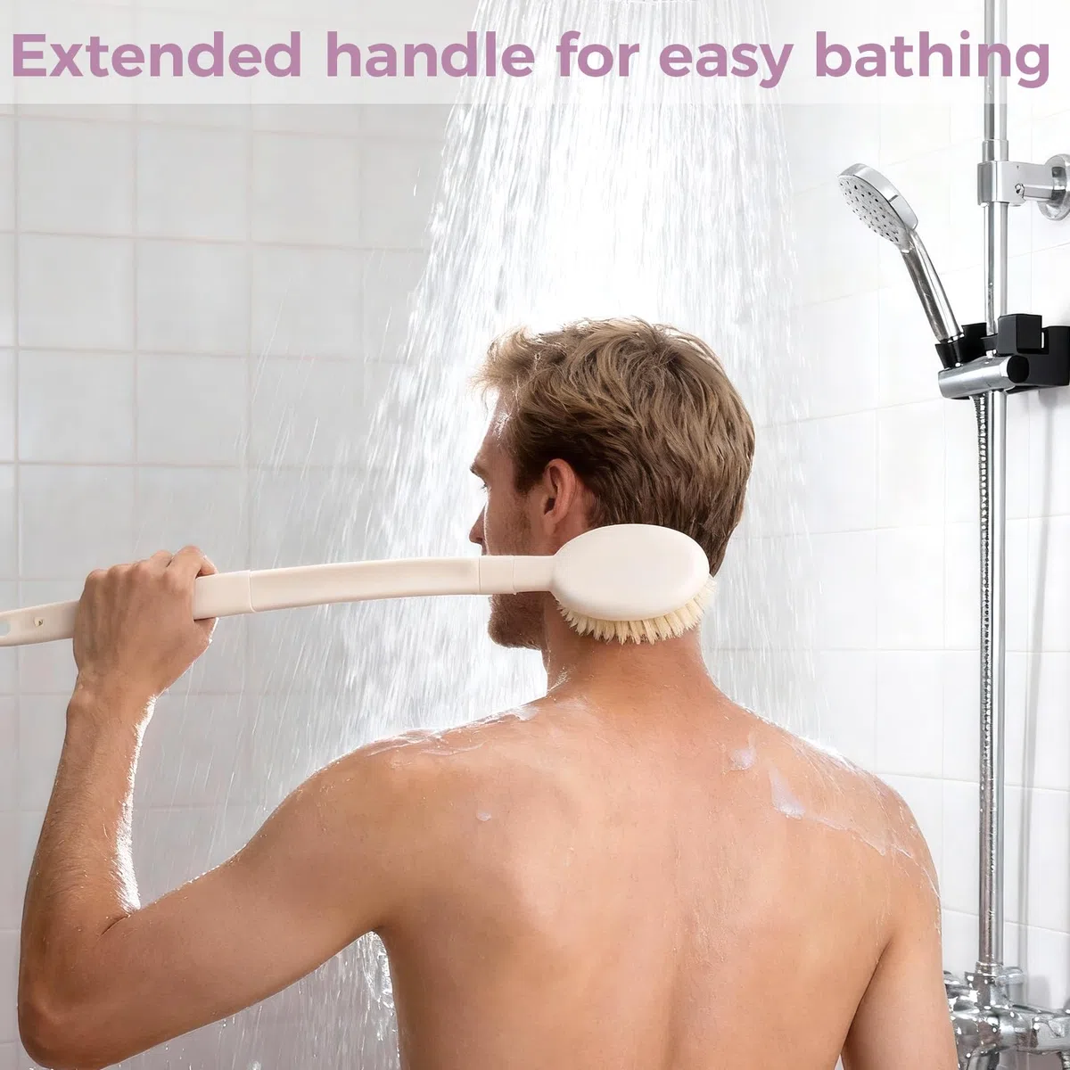 VOSSOT 3-in-1 Rückenbürste mit Langem Stiel, mit Duschschwamm 1 Wandhaken,Rückeneincremhilfe Faltbare Badebürste Austauschbare Köpfe Eincremehilfe für Rücken Füße, Rückenschwamm Körperpflege Set