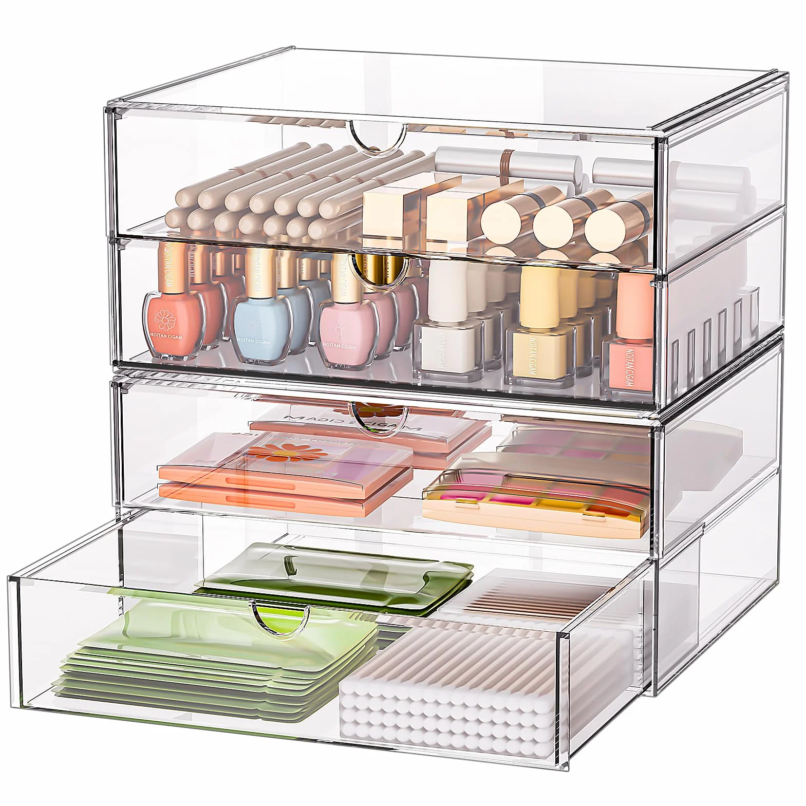 SortNStore Große Kosmetik Organizer mit 4 Breiten Schubladen 2er-Set Acryl Stapelbare Schubladenbox