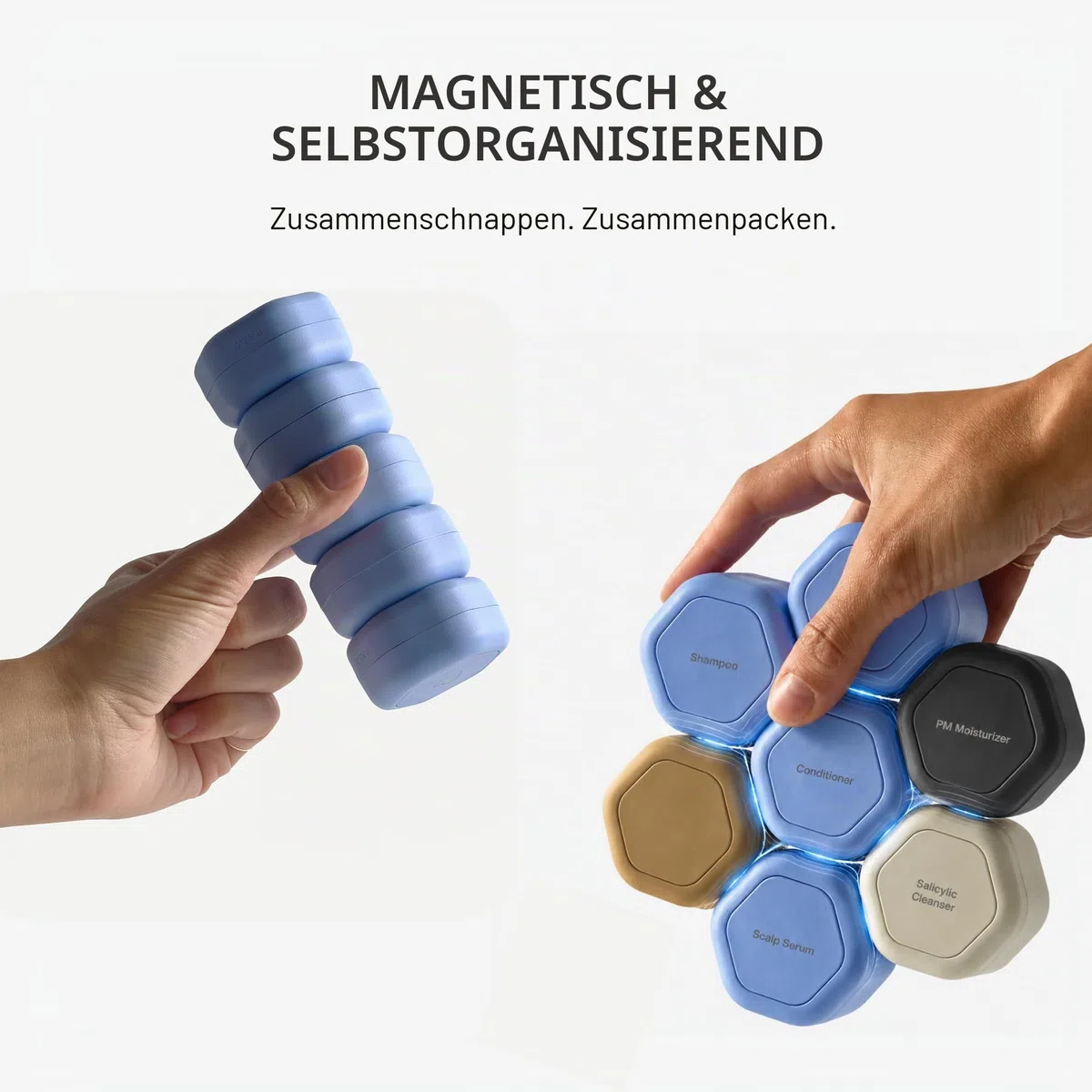 Cadence Reisebehälter Haarpflege-Kapsel-Set – magnetische Behälter mit Deckel, Reiseutensilien für Damen/Herren – 3 Flex-Medien (37,4 g) – Shampoo, Conditioner und Kamm-Symbol-Etiketten – immergrün