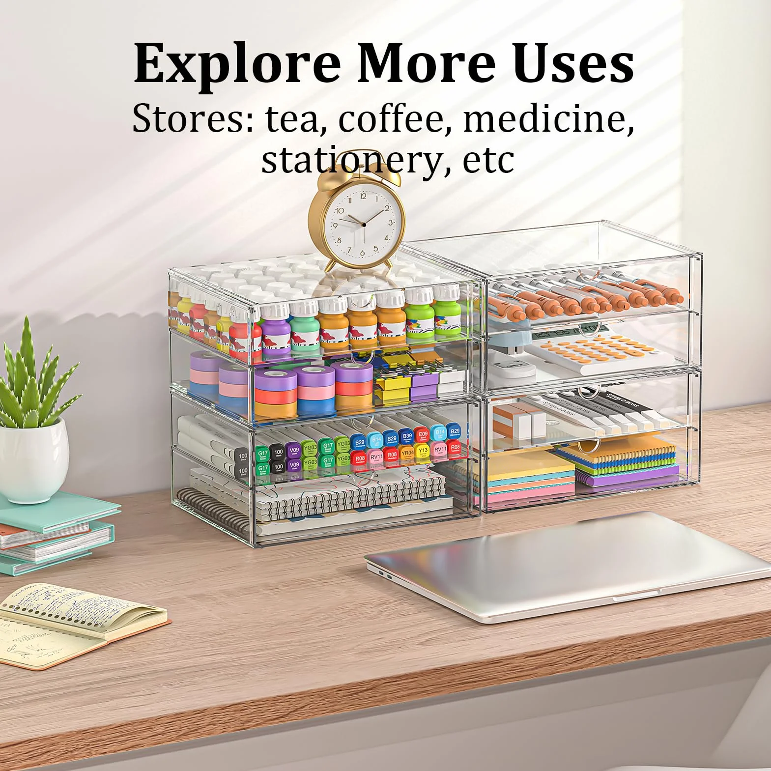 SortNStore Große Kosmetik Organizer mit 4 Breiten Schubladen 2er-Set Acryl Stapelbare Schubladenbox