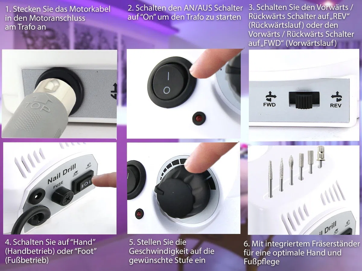 Fußpflegegerät Pediküre Fräser Fußpflege Set mit kompletter Ausstattung | Elektrisches Schleifgeräte Set mit Nagelzangen, Hornhautentfernern und Nagelfräser-Bits