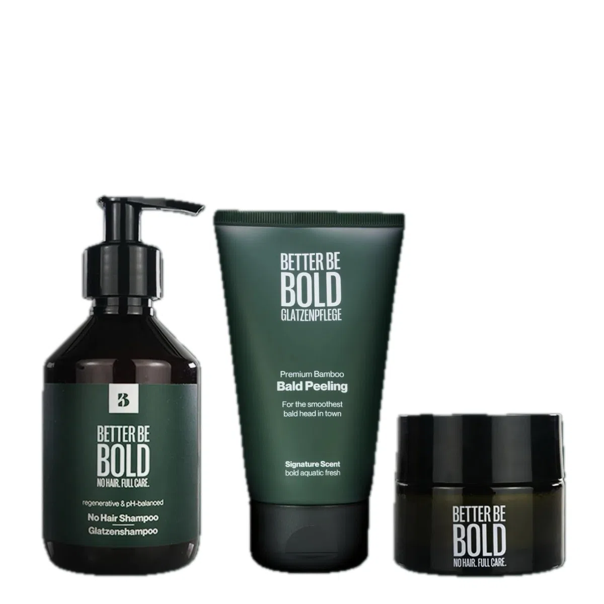 BETTER BE BOLD I GLATT & MATT Glatzenpflege-Routine I Glatzenpeeling, Glatzenshampoo und Glatzencreme I Alles in einem Set I Für die ideale Männerpflege I Feuchtigkeit & Schutz I Kopfhautpflege Männer