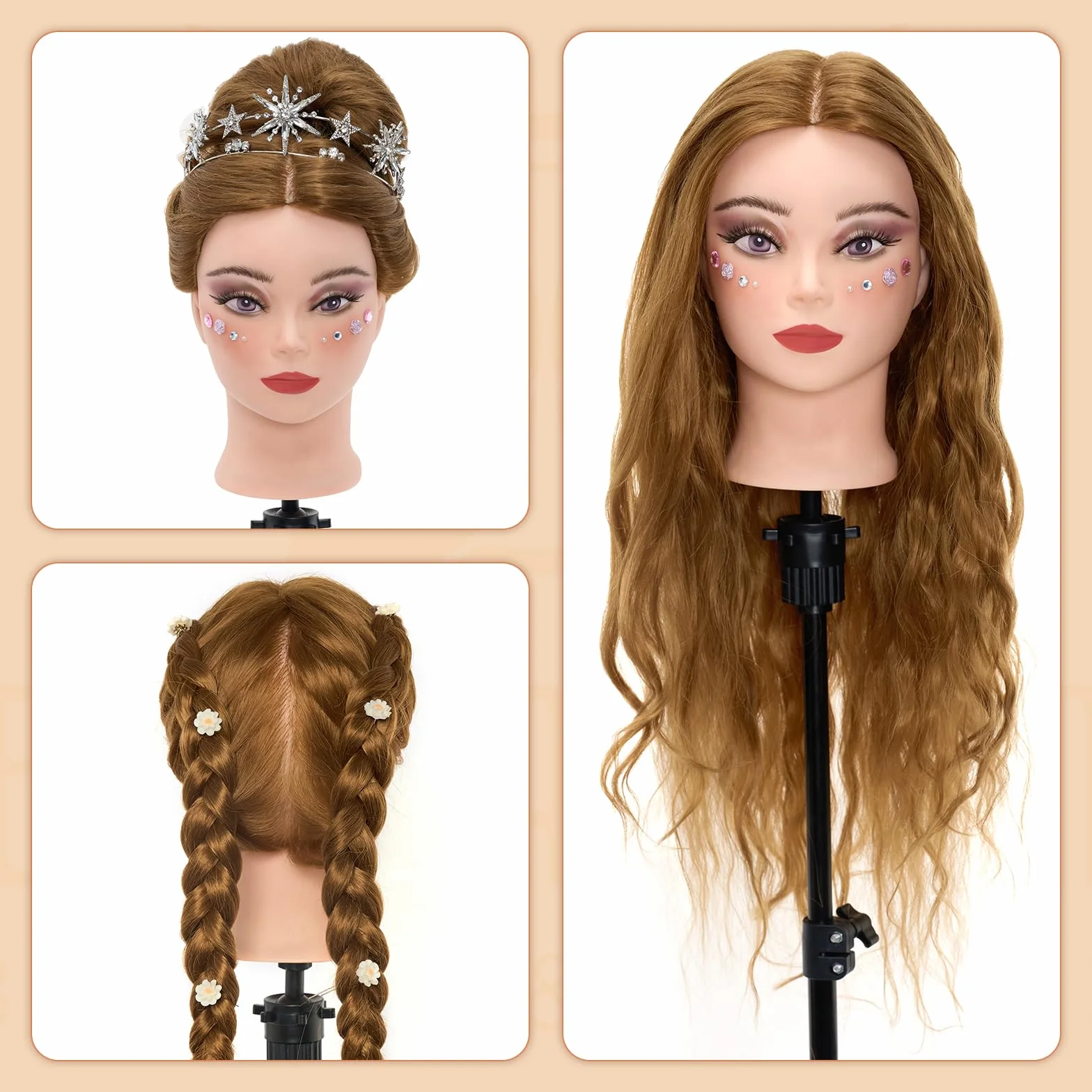 Neverland Frisierkopf Schminkkopf mit Puppenkopf Ständer, 60% Echtes Haar 28 Zoll Übungskopf zum Frisieren und Schminken, Trainingsköpfe für Haar-Styling mit Tischklemme+Haar-Styling-Set