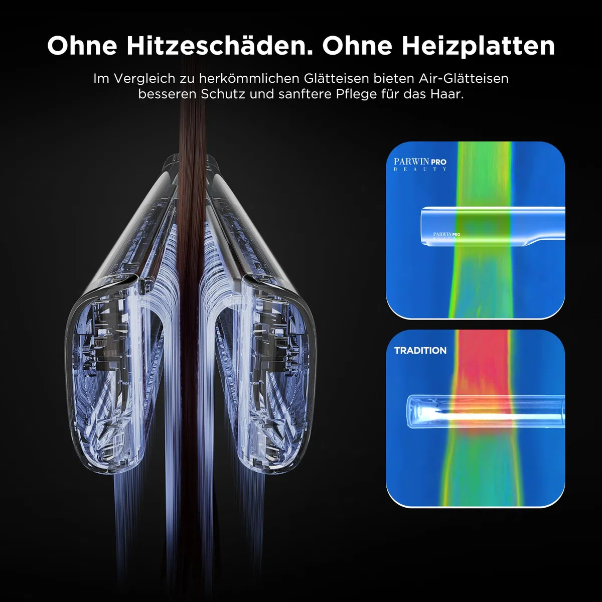 Air Haarglätter, PARWIN PRO BEAUTY Ionen Air Glätteisen, Ohne Heizplatten, Nass bis Trocken, Glätten mit Luft, Max.ca. 160 ℃, für Mittleres Haar und Langes Haar(35-75cm), 1200W, Champagnersilber