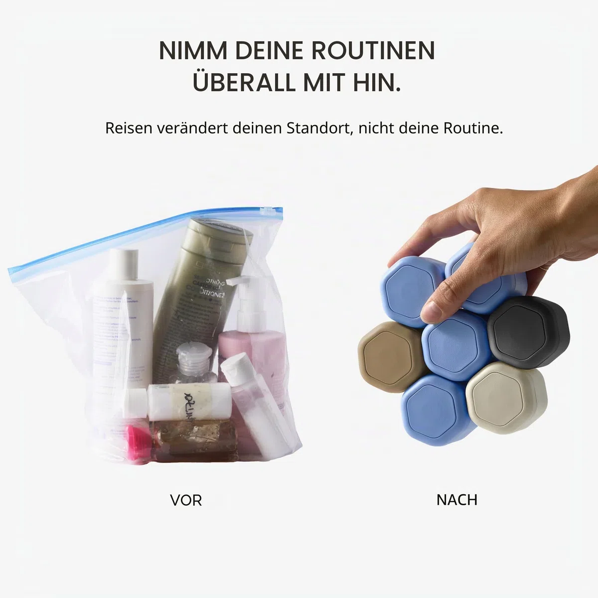 Cadence Reisebehälter Haarpflege-Kapsel-Set – magnetische Behälter mit Deckel, Reiseutensilien für Damen/Herren – 3 Flex-Medien (37,4 g) – Shampoo, Conditioner und Kamm-Symbol-Etiketten – immergrün