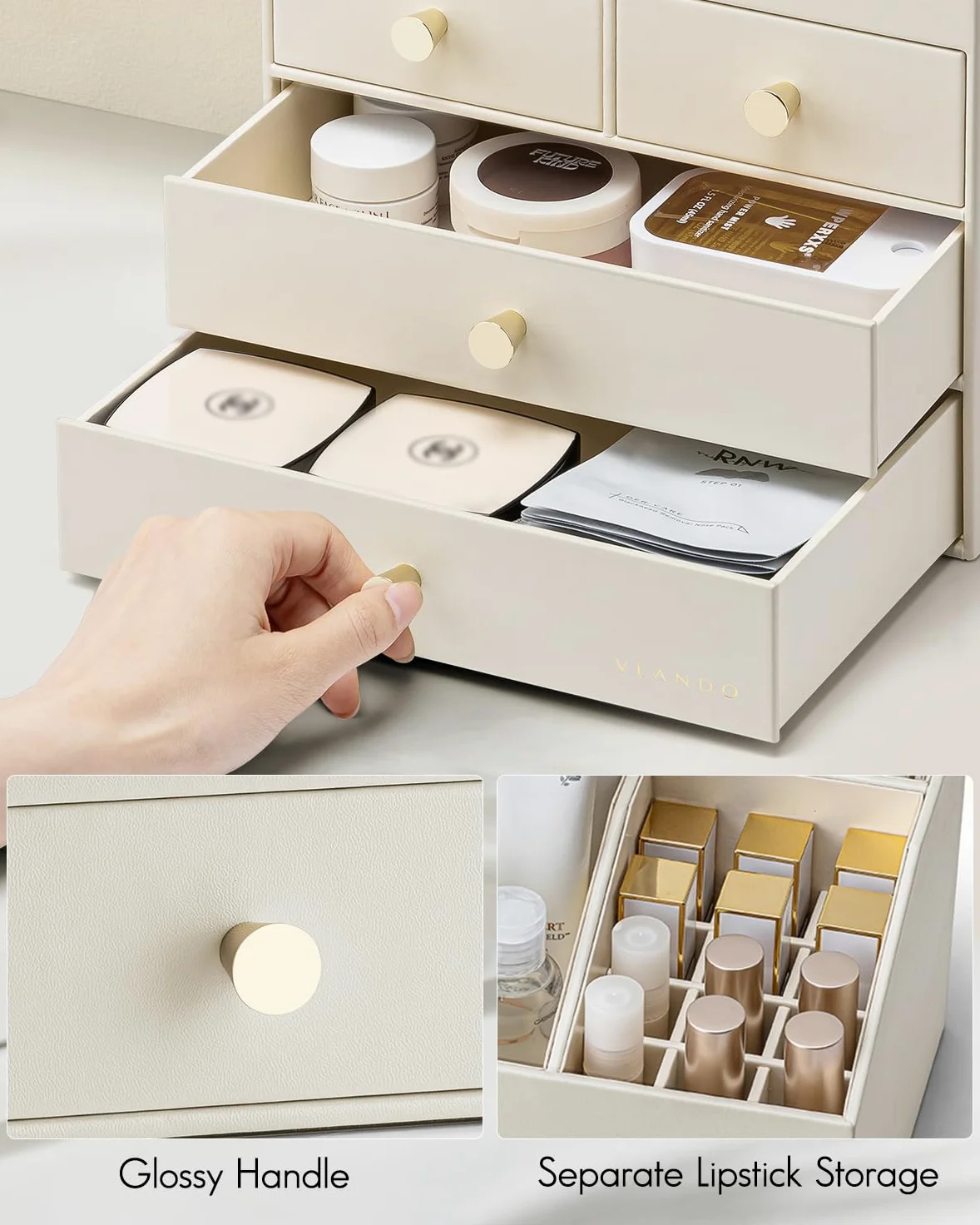 VLANDO Make up Organizer mit 4 Schubladen, Kosmetik Organizer für Badezimmer, Beige