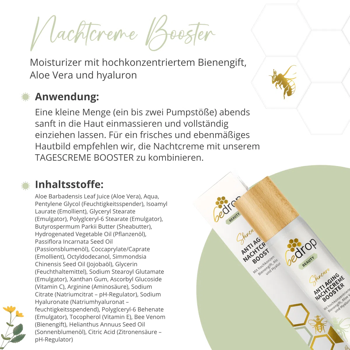 bedrop Anti-Aging Nachtcreme BOOSTER regenerierende Nachtpflege mit Bienengift, Aloe Vera, Hyaluron, Jojobaöl, Vitamin C und Arginin zur Faltenminderung - 50ml (3x 50ml Sparset)