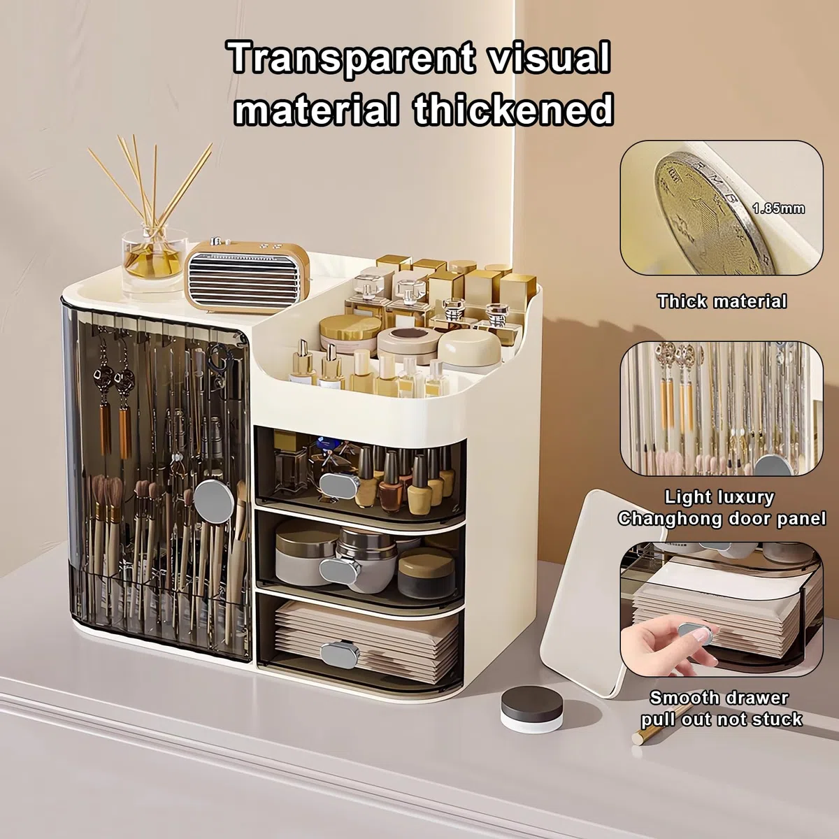 DASITON Make up Kosmetik Organizer mit 3 Schubladen,Großer Kosmetik Aufbewahrung Pinsel Organizer mit Spiegel,Makeup Organizer Schmink Aufbewahrung für Schminktisch,Badezimmer(Schwarz-Creme)